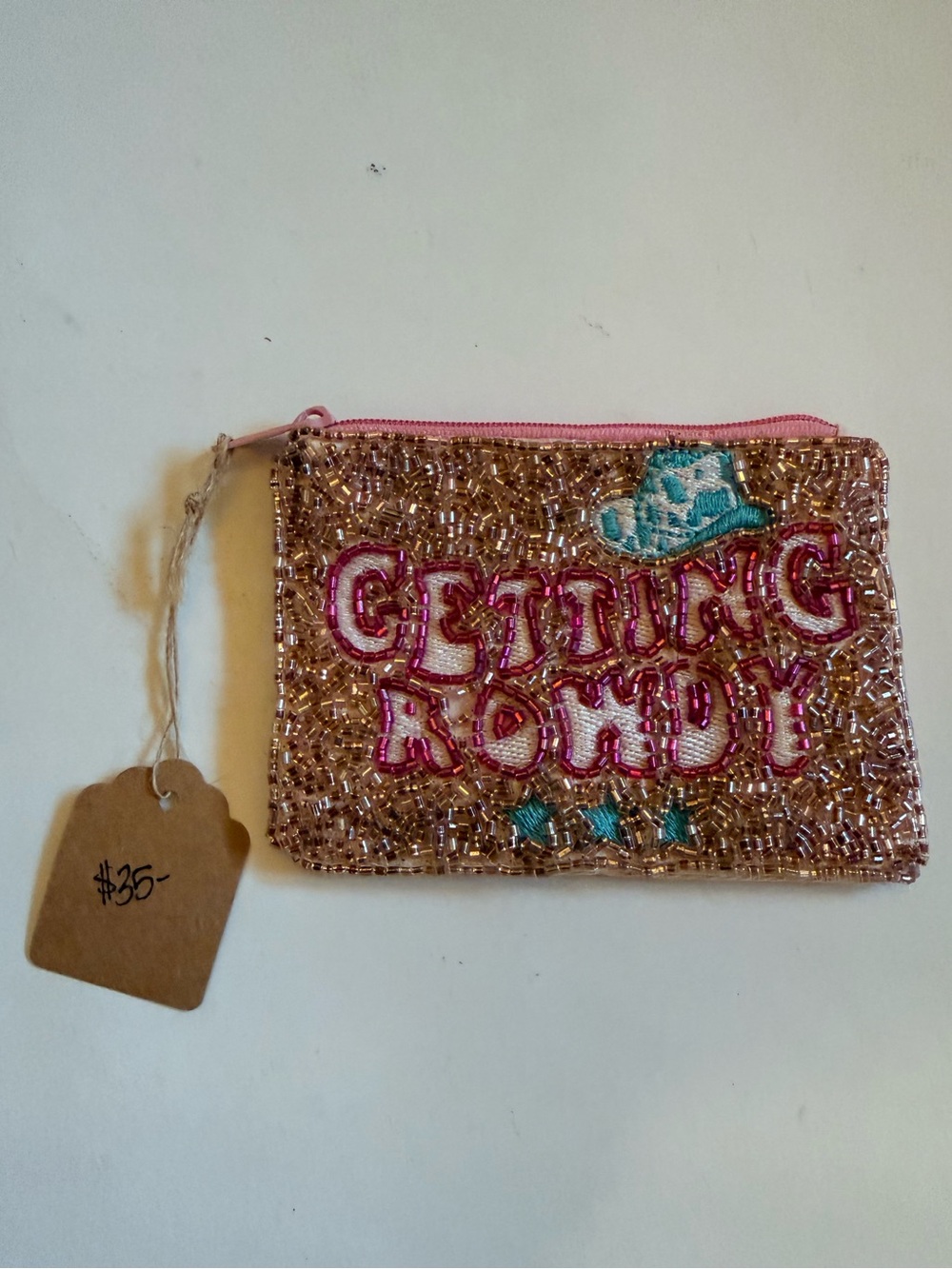 Getting Rowdy Western Beaded Coin Purse Pink Gold Cowboy